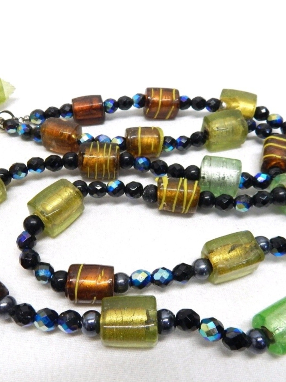Multi-Strand Green and Amber Glass Bead Necklace